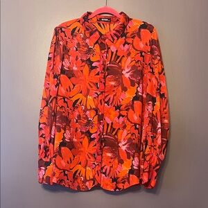 Red, Black, Brown, Orange and Pink Floral Button-Up Long Sleeve Blouse